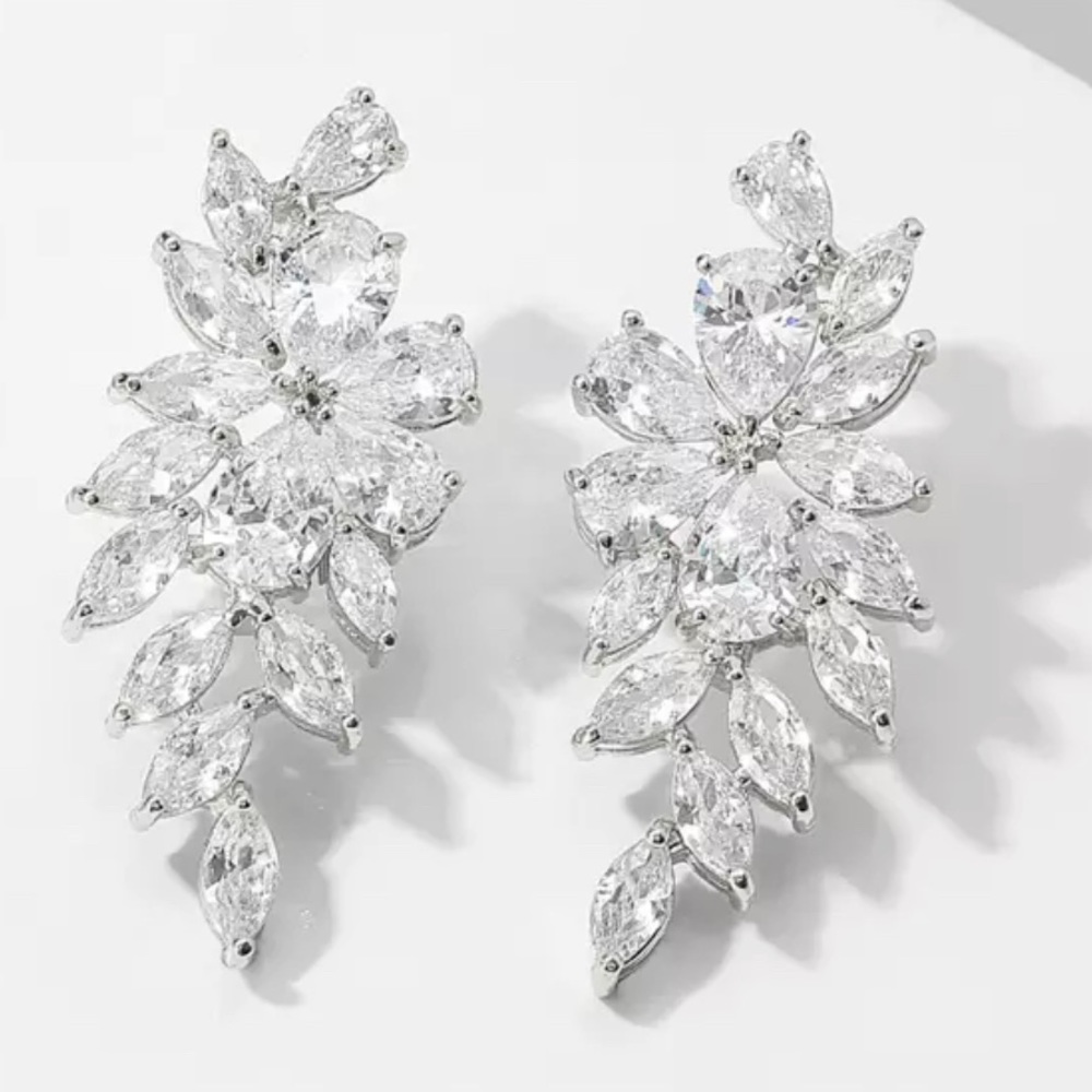 Bridal Marquise Cut Flower Zirconia Crystal Drop Earrings